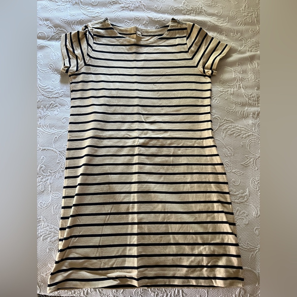 JCrew cream/navy striped shirt sleeved cotton dress